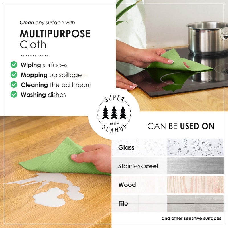 SUPERSCANDI 10 Pack Swedish Dishcloths for Kitchen - 100% Biodegradable & Compostable Reusable Paper Towels Washable, Food-Safe & Without Plastic - Dish Rags Suitable for Any Surface, Apple Green - Image 2